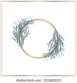 Watercolor leaves wreath with gold circle