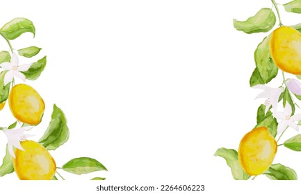 Watercolor lemon, branches and flowers. Watercolor background. Vector illustration