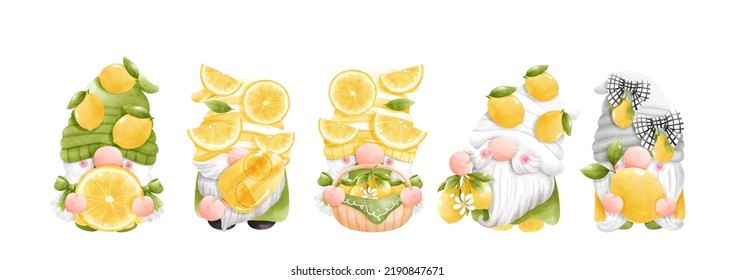 watercolor lemon gnome, citrus vector illustration