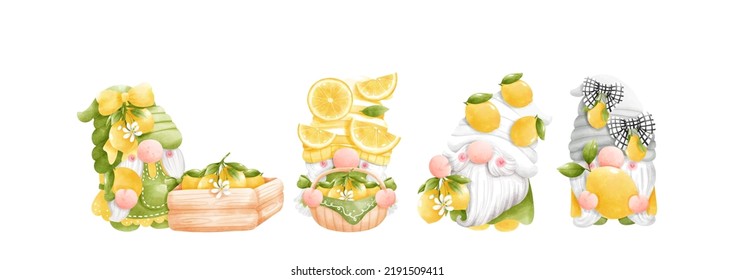 watercolor lemon gnome, citrus vector illustration