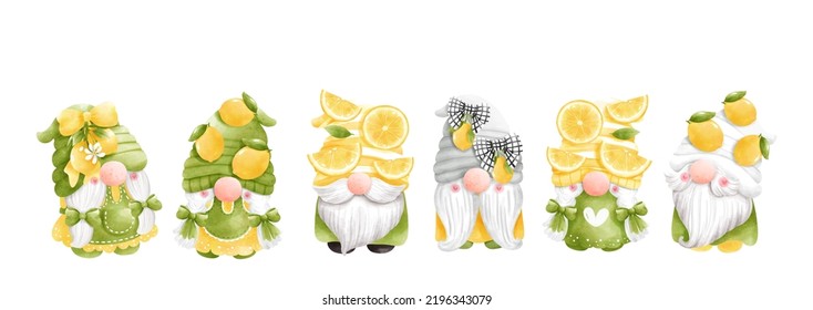 watercolor lemon gnome, citrus vector illustration