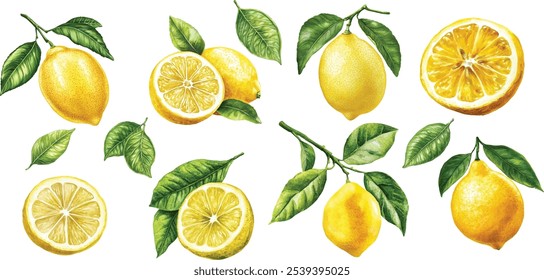 Aquarelllemon-Illustrationen. Handgemalte Zitronenäste mit üppig grünen Blättern auf weißem Hintergrund für Designprojekte.