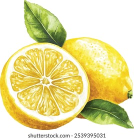 Watercolor lemon illustrations. Hand-painted lemon branches with lush green leaves on a white background for design projects.