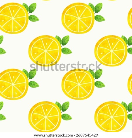 Watercolor lemon seamless pattern. Mediterranean citrus design with yellow fruits and green leaves on white background.