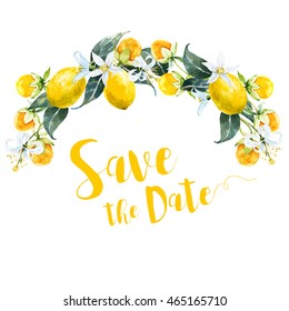 Watercolor lemon wreath and passionflower fruit, round frame, invitation template