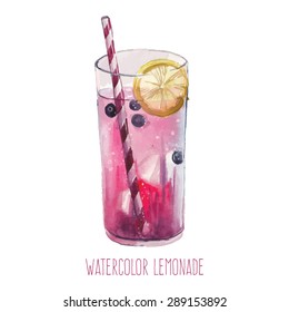 Watercolor lemonade with lemon, ice and blueberry. Hand drawn isolated summer drink glass on white background. Artistic vector illustration.