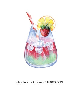 Watercolor lemonade with lemon, ice and srawberry. Hand drawn isolated summer drink glass on white background. Artistic illustration.