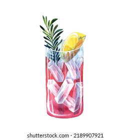 Watercolor lemonade with lemon, ice and tarragon. Hand drawn isolated summer drink glass on white background. Artistic illustration.