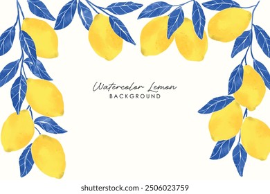 Watercolor Lemons frame Background. Spring, Summer  Background. Summer card with lemon branch. Watercolor pattern design elements with citrus fruits