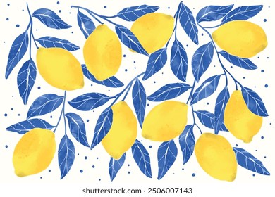 Watercolor Lemons Pattern Background. Spring, Summer  Background. Summer card with lemon branch. Watercolor pattern design elements with citrus fruits