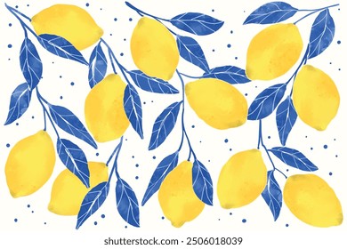 Watercolor Lemons Pattern Background. Spring, Summer  Background. Summer card with lemon branch. Watercolor pattern design elements with citrus fruits