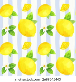 Patrón transparente de limones de acuarela. Diseño de cítricos con frutas amarillas y hojas verdes sobre un fondo rayado