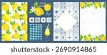 Watercolor lemons set with leaves, lemonade, mediterranean tiles. Frame, pattern for background, card, poster or invitation.