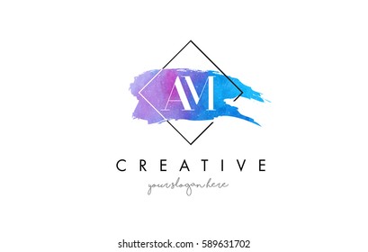 AM Watercolor Letter Brush Logo. Artistic Purple Stroke with Square Design.