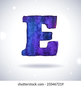 Watercolor letter E with shadow on bokeh background