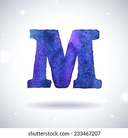 Watercolor letter M with shadow on bokeh background