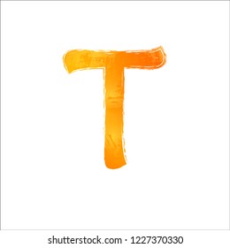 Watercolor letter T. Orange image, white backgroumd. Vector illustration.