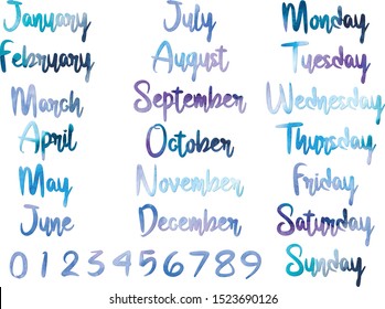Watercolor lettering of month names, days of week, dates/numbers.