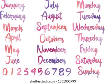 Watercolor lettering of month names, days of week, dates/numbers.