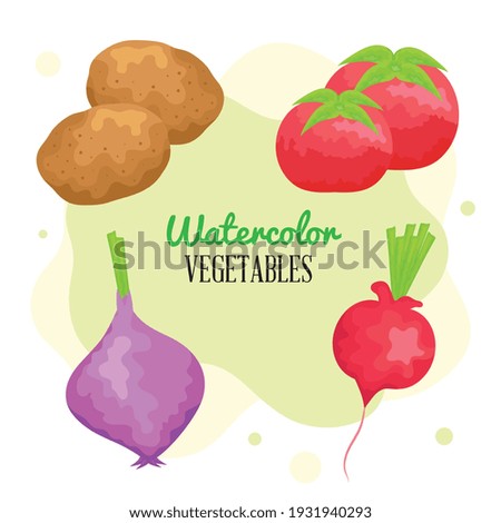 watercolor lettering and vegetables icons