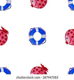 watercolor lifesaver ring and fish, summer travel seamless pattern.