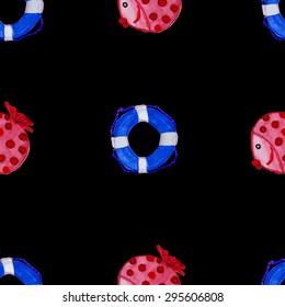 watercolor lifesaver ring and fish, summer travel seamless pattern.