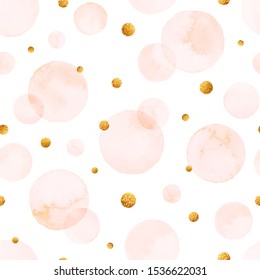 Watercolor light pink bubbles seamless pattern. Hand drawn abstract background with circles in pastel colors and golden confetti. Vector illustration.