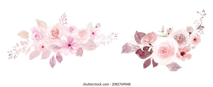 El conjunto de los ramos florales rosas y rojos de color acuático. Composición de acuarela floral pintada a mano en fondo blanco, adecuado para el diseño de tarjetas, boda, invitaciones, saludo, Guardar la fecha.