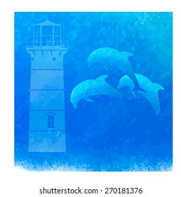 Watercolor lighthouse and dolphins. Vector illustration.