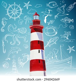 Watercolor lighthouse and hand-drawn icons of marine theme, EPS 10