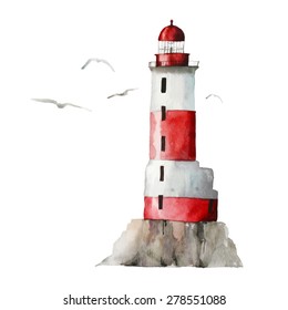 Watercolor lighthouse illustration. Isolated lighthouse and seagulls on white background. Hand drawn artwork. Vector 