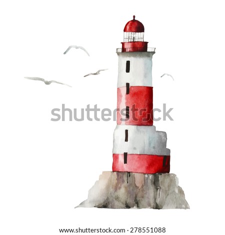 Watercolor lighthouse illustration. Isolated lighthouse and seagulls on white background. Hand drawn artwork. Vector 