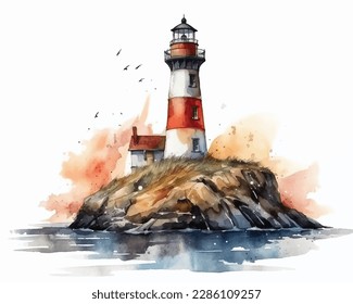 watercolor lighthouse on a rock overlooking the ocean