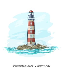 Watercolor lighthouse. Retro aquarelle beacon isolated vector illustration