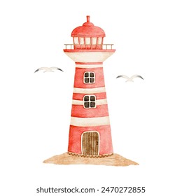 Watercolor lighthouse and seagulls on white background with hand drawn artwork vector