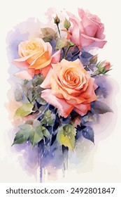 Watercolor like vector illustration of a luxury roses flower bouquet