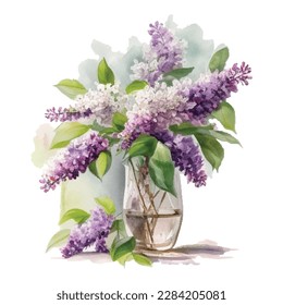 Acuarela Flores de Lilac en jarrón. Vector aislado sobre fondo blanco.