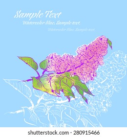 Watercolor lilac.Delicate flower hand drawing on a blue background. Ideal for the card design or invitation.