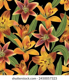 Watercolor Lilies seamless pattern art on black background