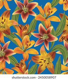 Watercolor Lilies seamless pattern art on blue background