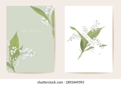 Watercolor lily floral wedding card. Vector spring flower, rustic blossom, leaves invitation. Boho template frame. Botanical Save the Date foliage cover, modern design poster