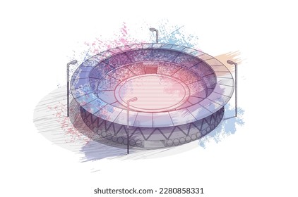 Watercolor line drawing Sketch Stadium Vector. Top view Cricket stadium line drawing illustration. Soccer playground with colorful Watercolor effect vector