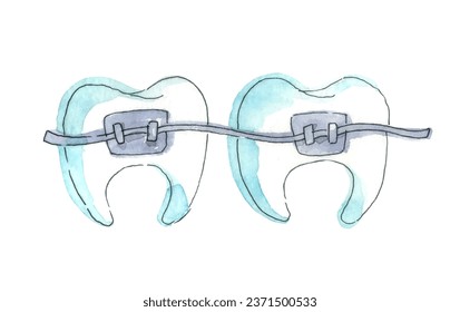 Watercolor line sketch of braces teeth. Hand-drawn illustration isolated on the white background