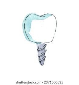 Watercolor line sketch of implanting tooth. Hand-drawn illustration isolated on the white background