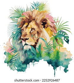 León acuarela, ilustración animal. El gato salvaje de los Safari africanos lindos animales exóticos se enfrentan a un personaje retrato.