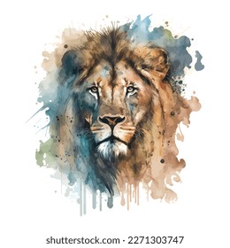 Watercolor Lion. An artistic, color, realistic portrait of a lion's head on a white background. This is a vector illustration ideal for a mascot and tattoo or T-shirt graphic.