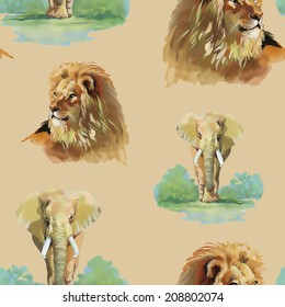 Watercolor lion and elephant seamless pattern on a brown background vector illustration