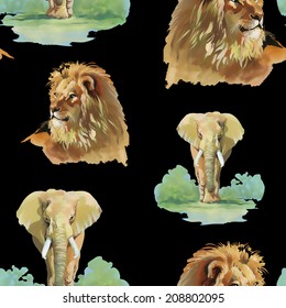 Watercolor lion and elephant seamless pattern on a black background vector illustration