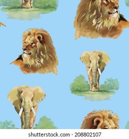 Watercolor lion and elephant seamless pattern on a blue background vector illustration
