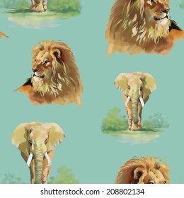 Watercolor lion and elephant seamless pattern on a green background vector illustration